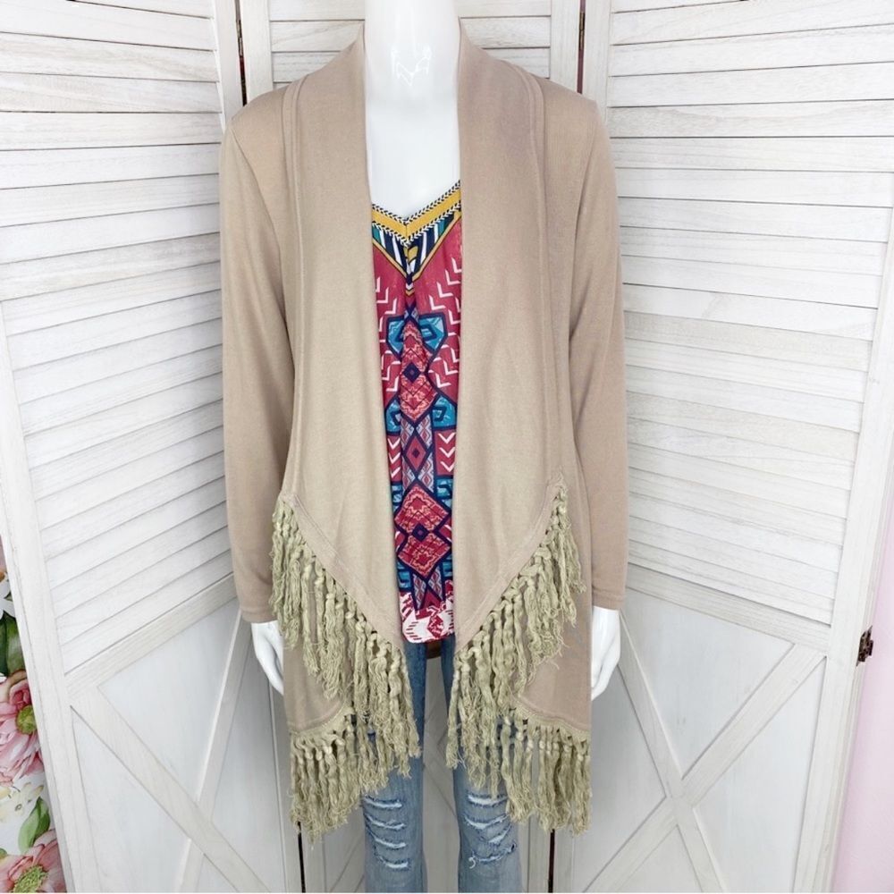 Boho Fringe Hem Waterfall Cardigan Knit Khaki Tan Small Open Front Long Sleeve